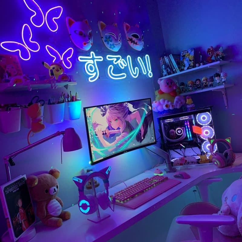 espacio kawaii gamer con neones japoneses